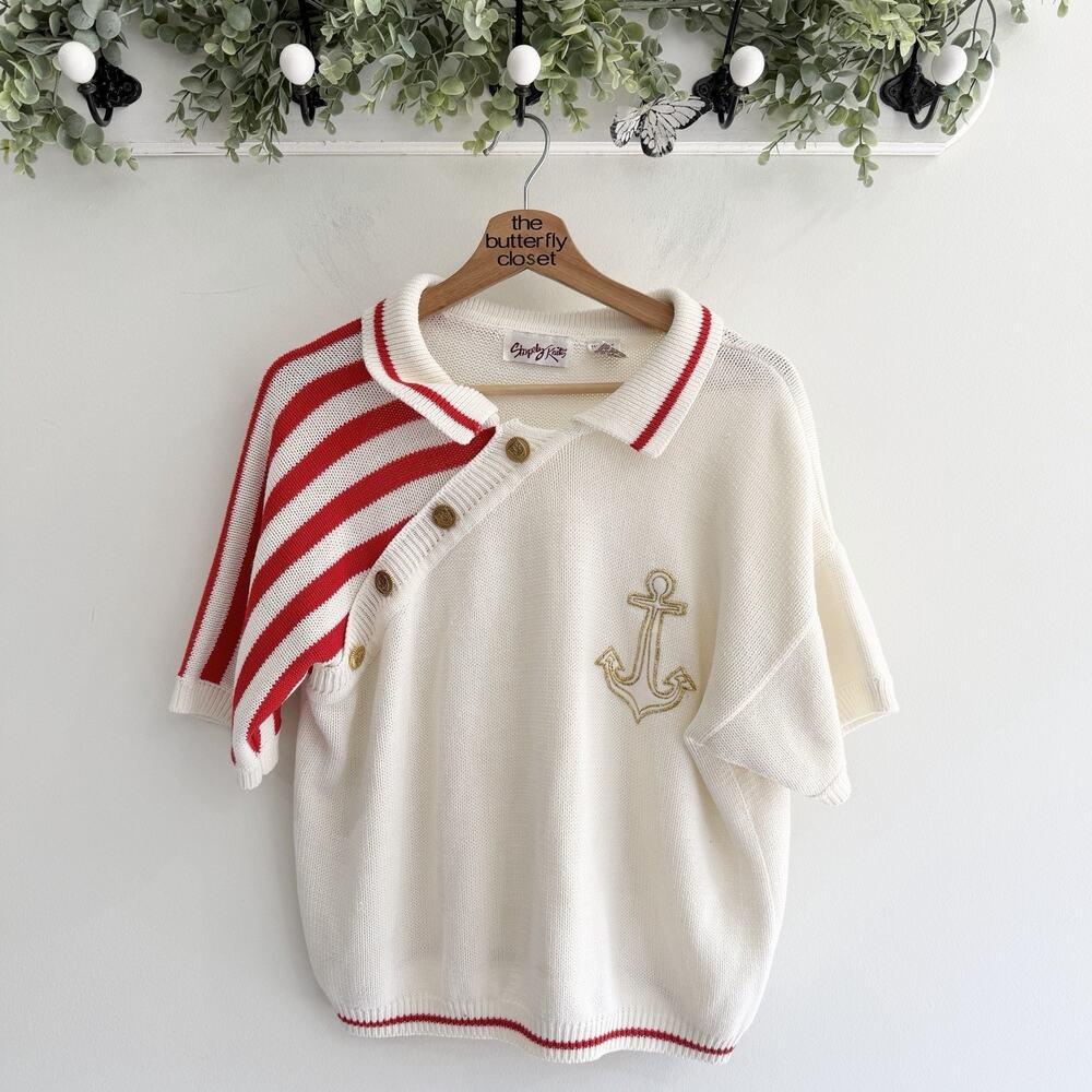 Vintage Nautical Cream Striped Short Sleeve Collared Sweater Small 17-60 80s 90s